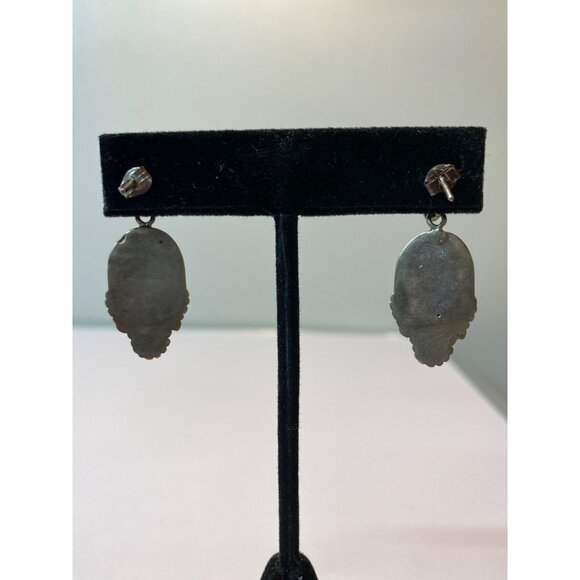 Vintage Sterling Silver Amazonite Gemstone Oval Drop Earrings 925 Ornate Dangle - Picture 6 of 8